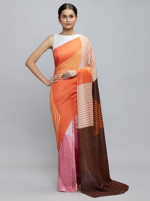 navyasa by liva Orange & Pink Printed Saree With Unstitched Blouse Price in India