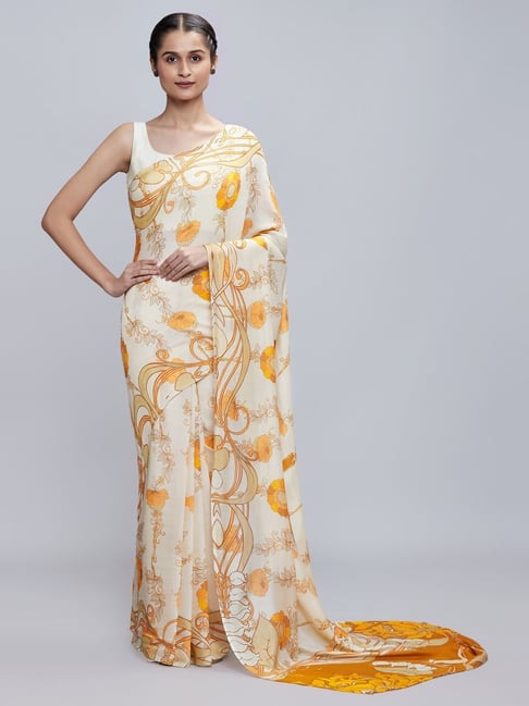 navyasa by liva Beige & Orange Floral Print Saree With Unstitched Blouse Price in India