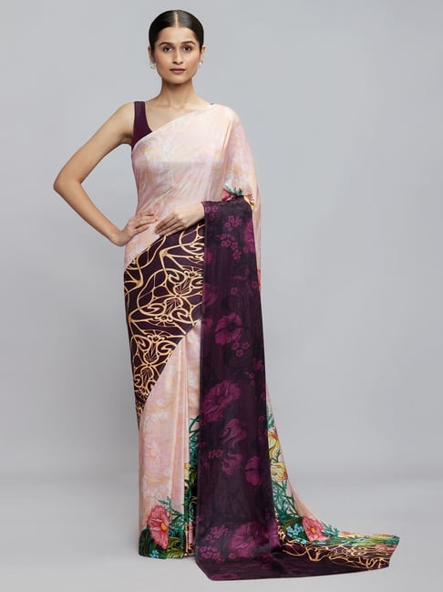 navyasa by liva Pink & Peach Floral Print Saree With Unstitched Blouse Price in India