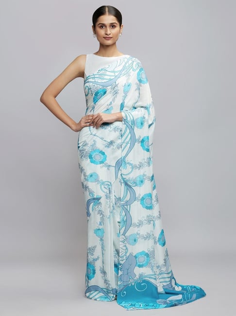navyasa by liva Sky Blue Floral Print Saree With Unstitched Blouse Price in India
