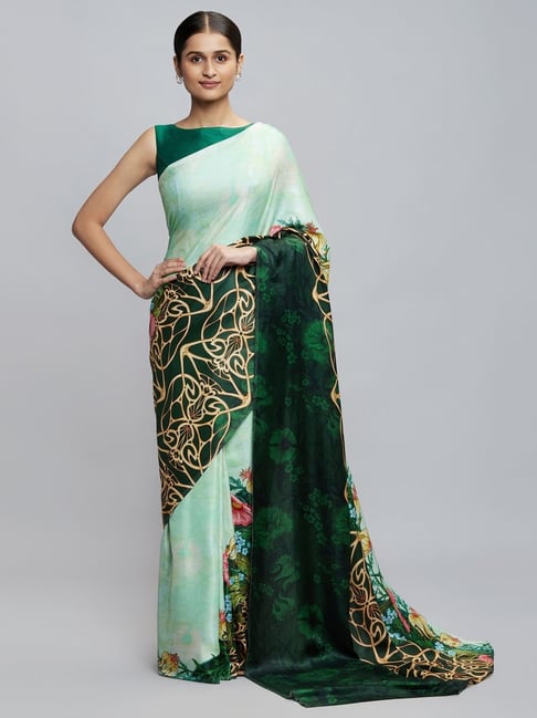 navyasa by liva Green Floral Print Saree With Unstitched Blouse Price in India
