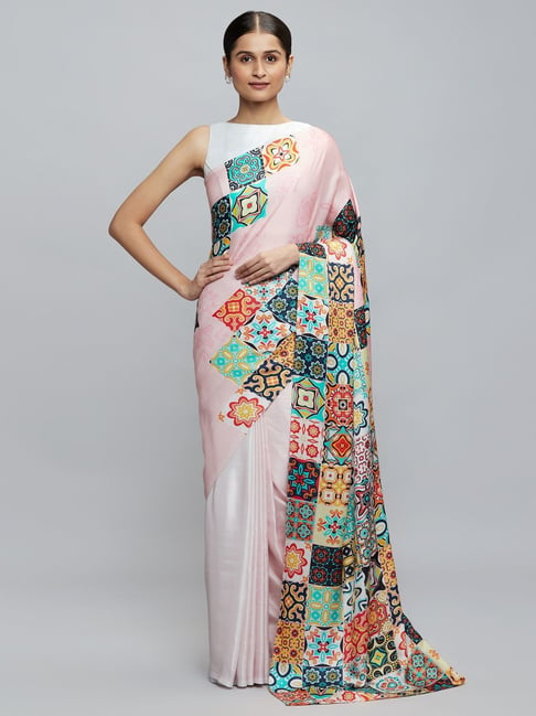 navyasa by liva Pink Printed Saree With Unstitched Blouse Price in India