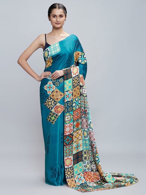 navyasa by liva Blue Printed Saree With Unstitched Blouse Price in India