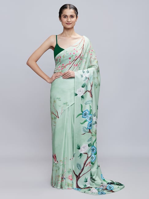 navyasa by liva Pista Green Floral Print Saree With Unstitched Blouse Price in India
