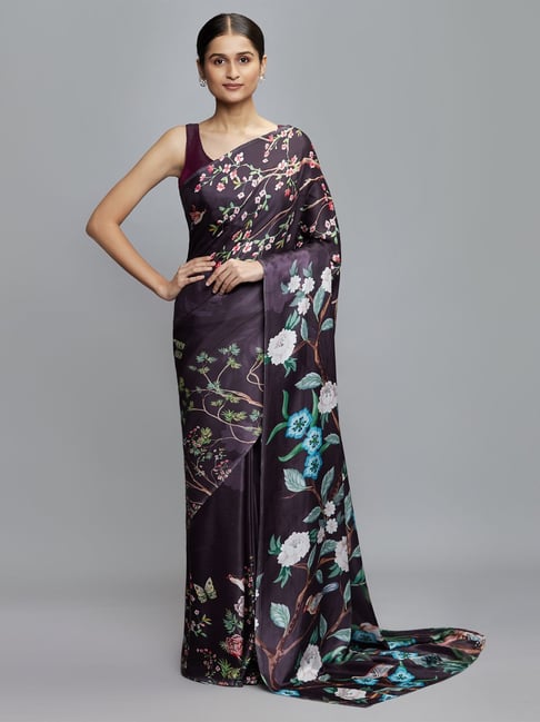 navyasa by liva Purple Floral Print Saree With Unstitched Blouse Price in India
