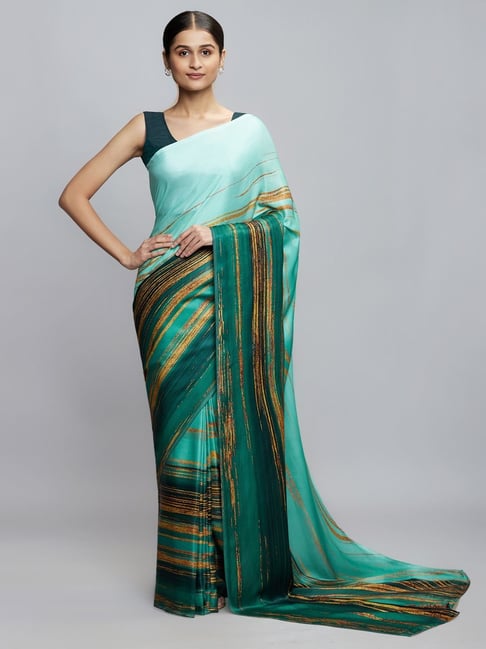 navyasa by liva Turquoise & Green Printed Saree With Unstitched Blouse Price in India