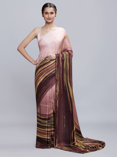 navyasa by liva Pink & Brown Printed Saree With Unstitched Blouse Price in India