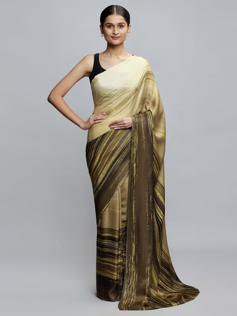 navyasa by liva Beige & Brown Printed Saree With Unstitched Blouse Price in India