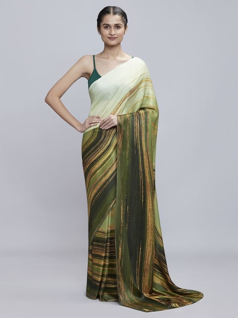 navyasa by liva Green Printed Saree With Unstitched Blouse Price in India
