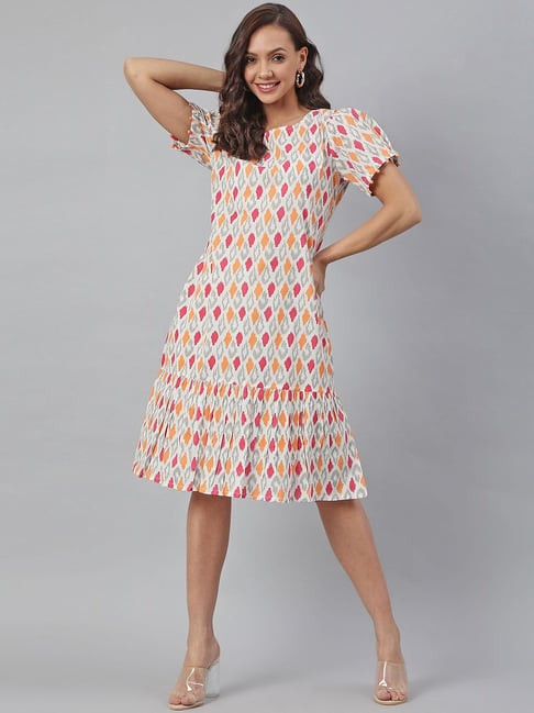 Janasya Off-White Cotton Printed A-Line Dress Price in India