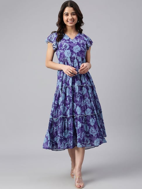 Janasya Purple Printed A-Line Dress Price in India