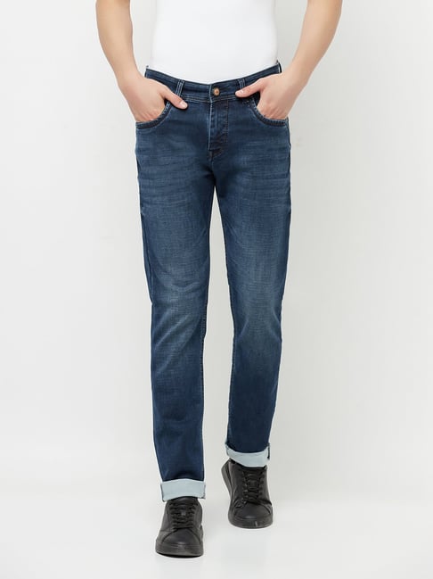 Buy CRIMSOUNE CLUB Blue Mid Wash Cotton Slim Fit Men's Jeans | Shoppers Stop