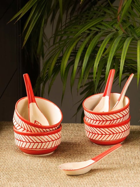ExclusiveLane Hand-painted Red & White Ceramic Soup Bowls with Spoons - Set of 4 (250ml)-picture-22
