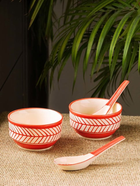 ExclusiveLane Hand-painted Red & White Ceramic Soup Bowls with Spoons - Set of 2 (250ml)-picture-30