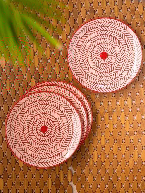ExclusiveLane Hand-painted Red White Ceramic Dinner Plates Set of  (Dia 25cm)