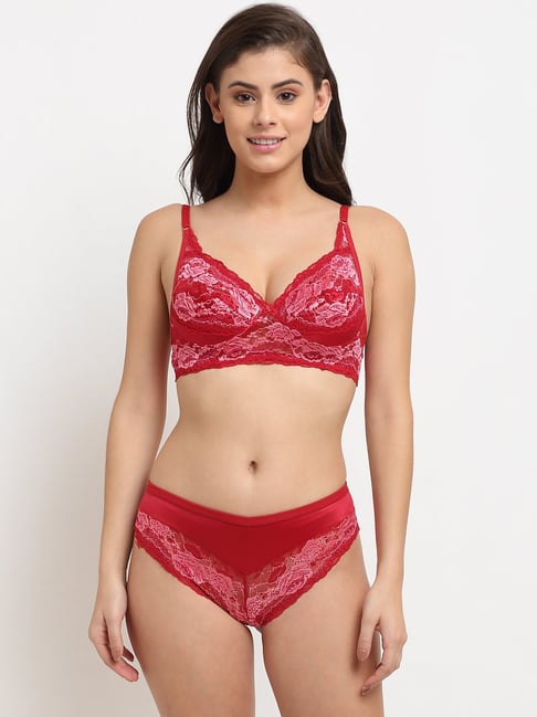 Buy Friskers Red Self Design Bra & Panty Set for Women's Online