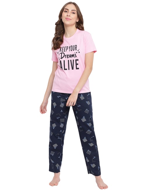 La Intimo Pink & Blue Printed T-Shirt With Pyjamas