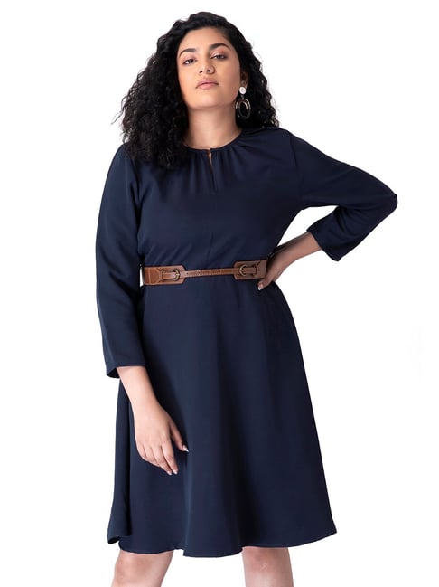 Buy FabAlley CURVE Navy Shift Dress with Tan Belt for Women's