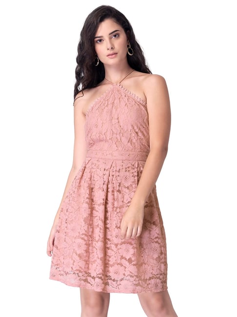 FabAlley Dusty Pink Lace Halter Back Cut Out Dress Price in India
