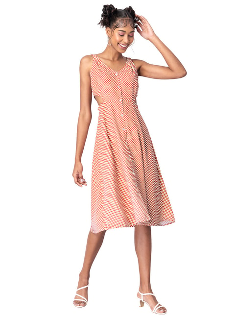 FabAlley Rust Checked Waist Cut Out Buttoned Midi Dress Price in India