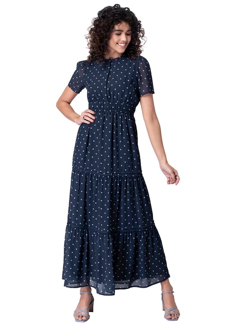FabAlley Navy Polka Ruched Open Front Maxi Dress Price in India