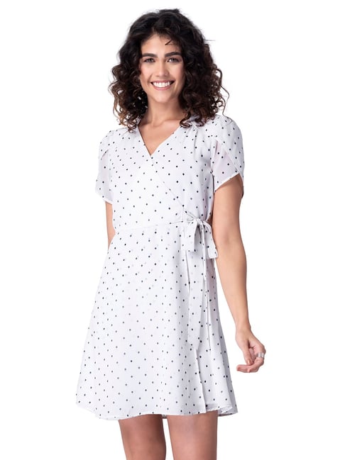 FabAlley White Polka Side Tie Wrap Dress Price in India