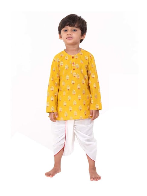 Campana Kids Yellow & White Cotton Printed Kurta Set-picture-21