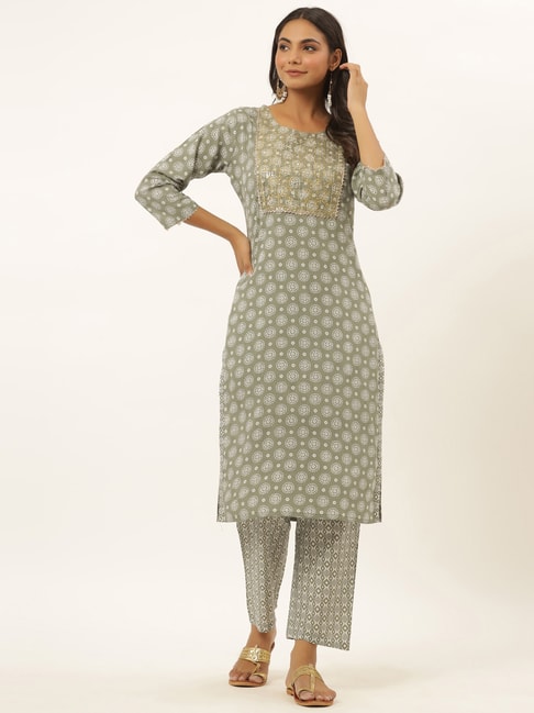 Yufta Grey Embellished Kurta Pant Set Price in India