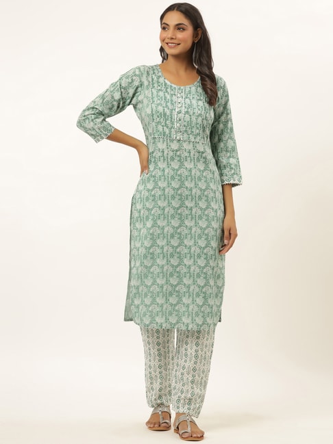 Yufta Sea Green & Off-White Printed Kurta Pant Set Price in India