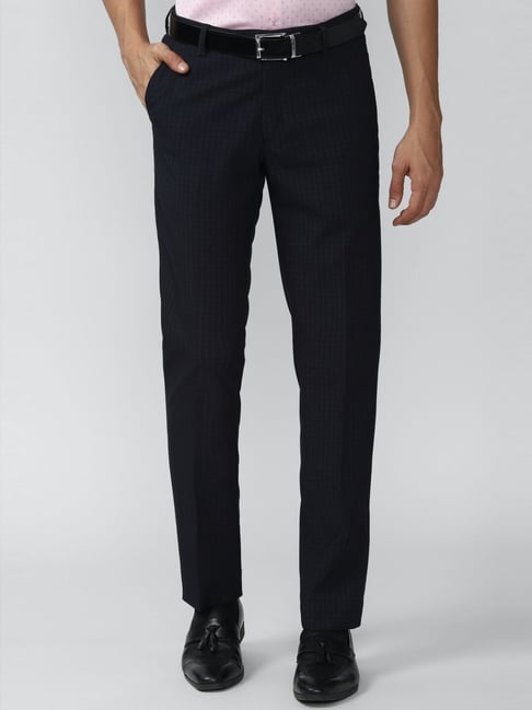 Peter England Navy Slim Fit Checks Trousers