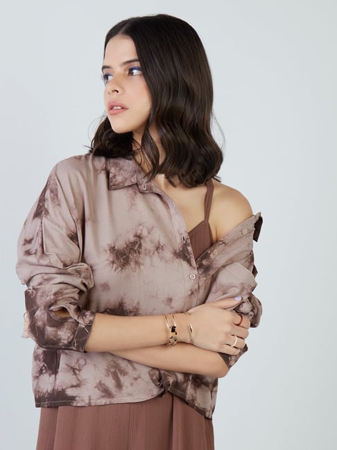 Nuon by Westside Taupe Tie-Dye Patterned Top Price in India