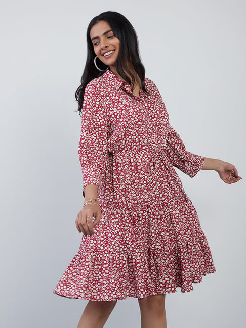 LOV by Westside Burgundy Floral Design Haisley Shirtdress Price in India