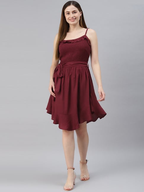 Melon by Pluss Maroon Cotton Shoulder Straps A-Line Dress Price in India