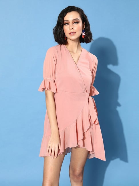 Buy Melon by Pluss Peach V Neck A-Line Wrap Dress for Women Online
