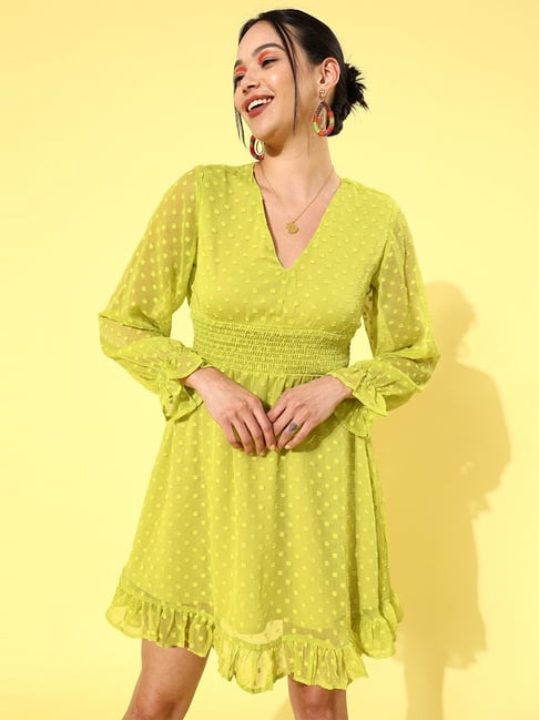 Melon by Pluss Lime Green Self Pattern Empire-line Dress Price in India