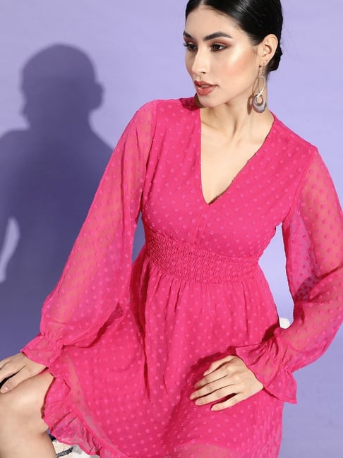 Melon by Pluss Pink Self Pattern Empire-line Dress Price in India