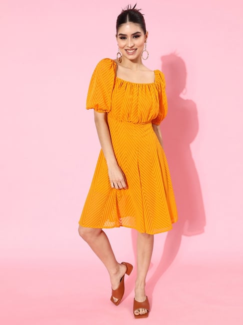 Melon by Pluss Mustard Self Pattern A-Line Dress