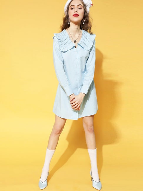 Melon by Pluss Sky Blue Cotton Full Sleeves Shirt Dress Price in India