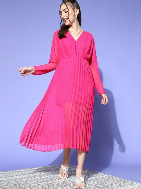 Melon by Pluss Pink Self Pattern A-Line Dress Price in India