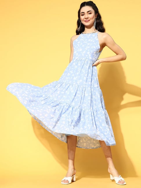 Melon by Pluss Sky Blue Floral Print A-Line Dress Price in India