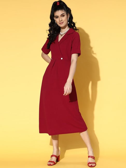 Melon by Pluss Maroon Shirt Collar A-Line Dress Price in India