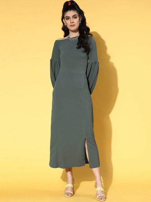 Melon by Pluss Grey Full Sleeves A-Line Dress Price in India