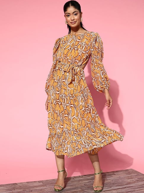Melon by Pluss Mustard Animal Print A-Line Dress Price in India