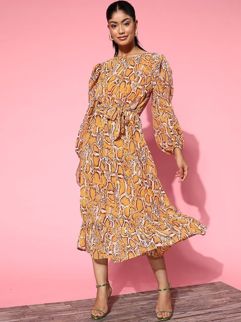 Melon by Pluss Mustard Animal Print A-Line Dress Price in India