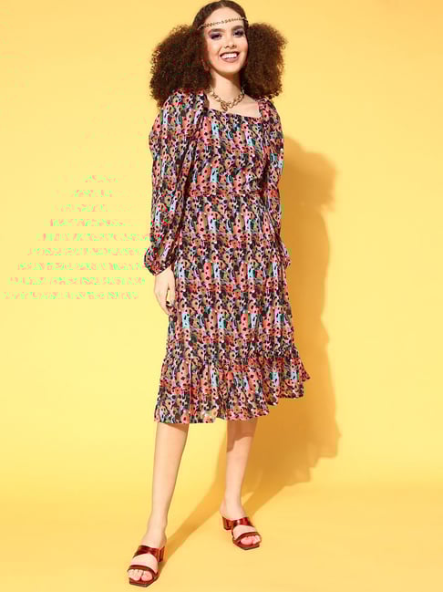 Melon by Pluss Coral & Blue Printed A-Line Dress-picture-34