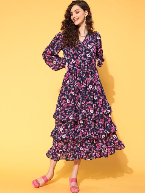 Melon by Pluss Purple Floral Print A-Line Dress Price in India