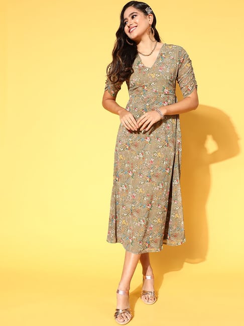 Melon by Pluss Brown Floral Print A-Line Dress Price in India