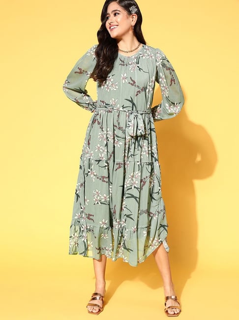 Melon by Pluss Green Floral Print A-Line Dress Price in India