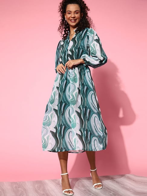 Melon by Pluss Green Printed A-Line Dress Price in India