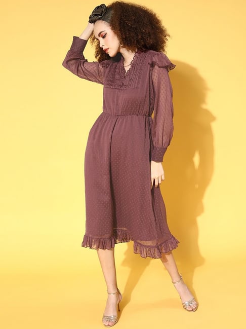 Melon by Pluss Mauve Self Pattern A-Line Dress Price in India